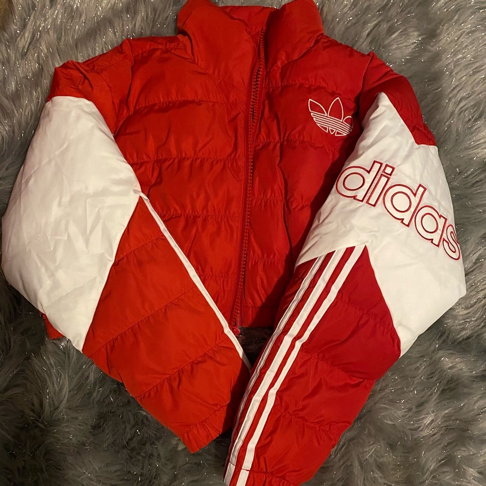 Adidas puffer red crop jacket NWT